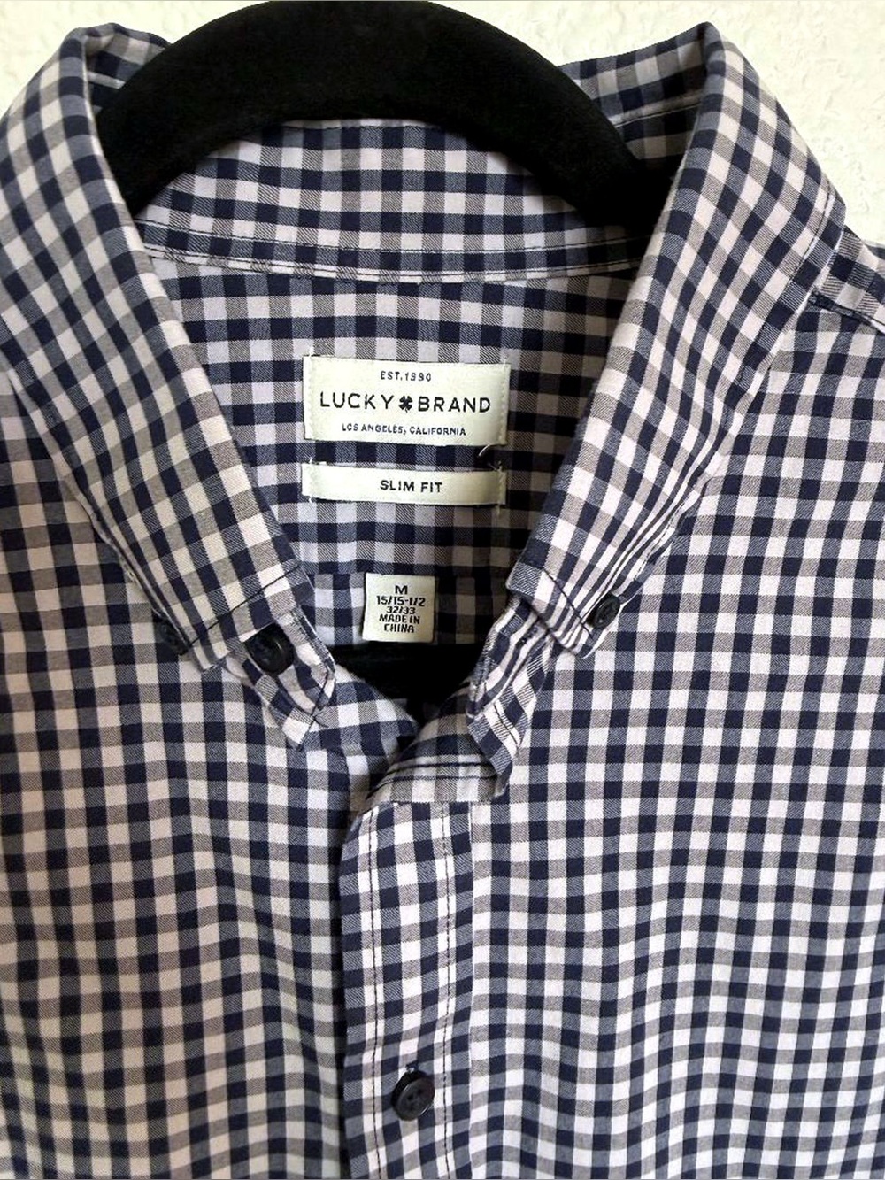 Lucky Brand Men’s Navy and White Gingham Button-Down Shirt